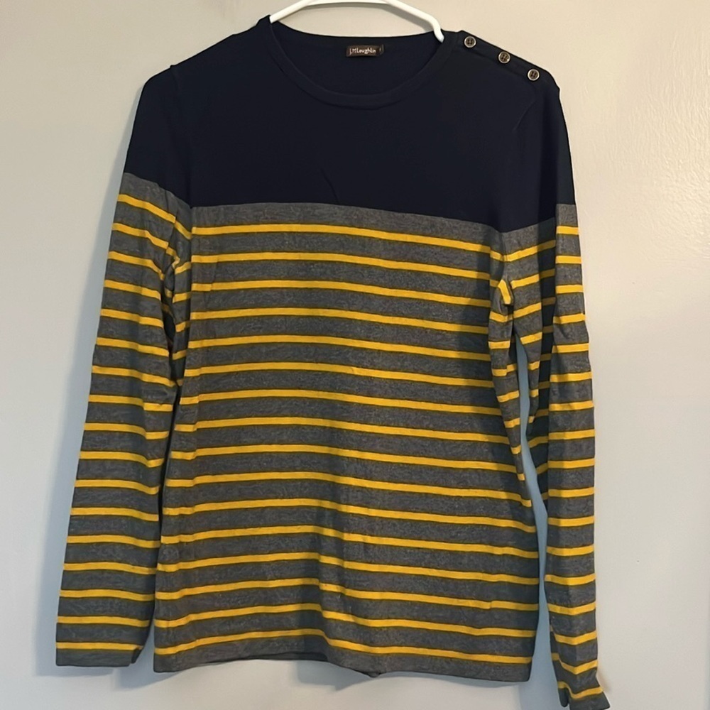 J. McLaughlin Women's Gray/Yellow/Navy Long Sleeve Striped Sweater Size M